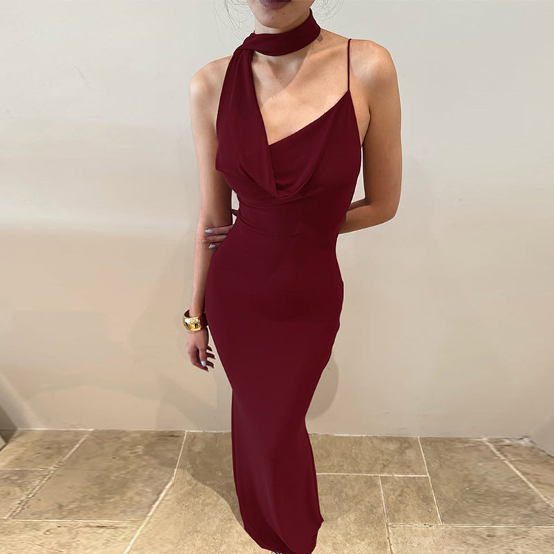 Suiza Elegant Sexy Scarf V neck Backless Slim Fit Solid Color Dress