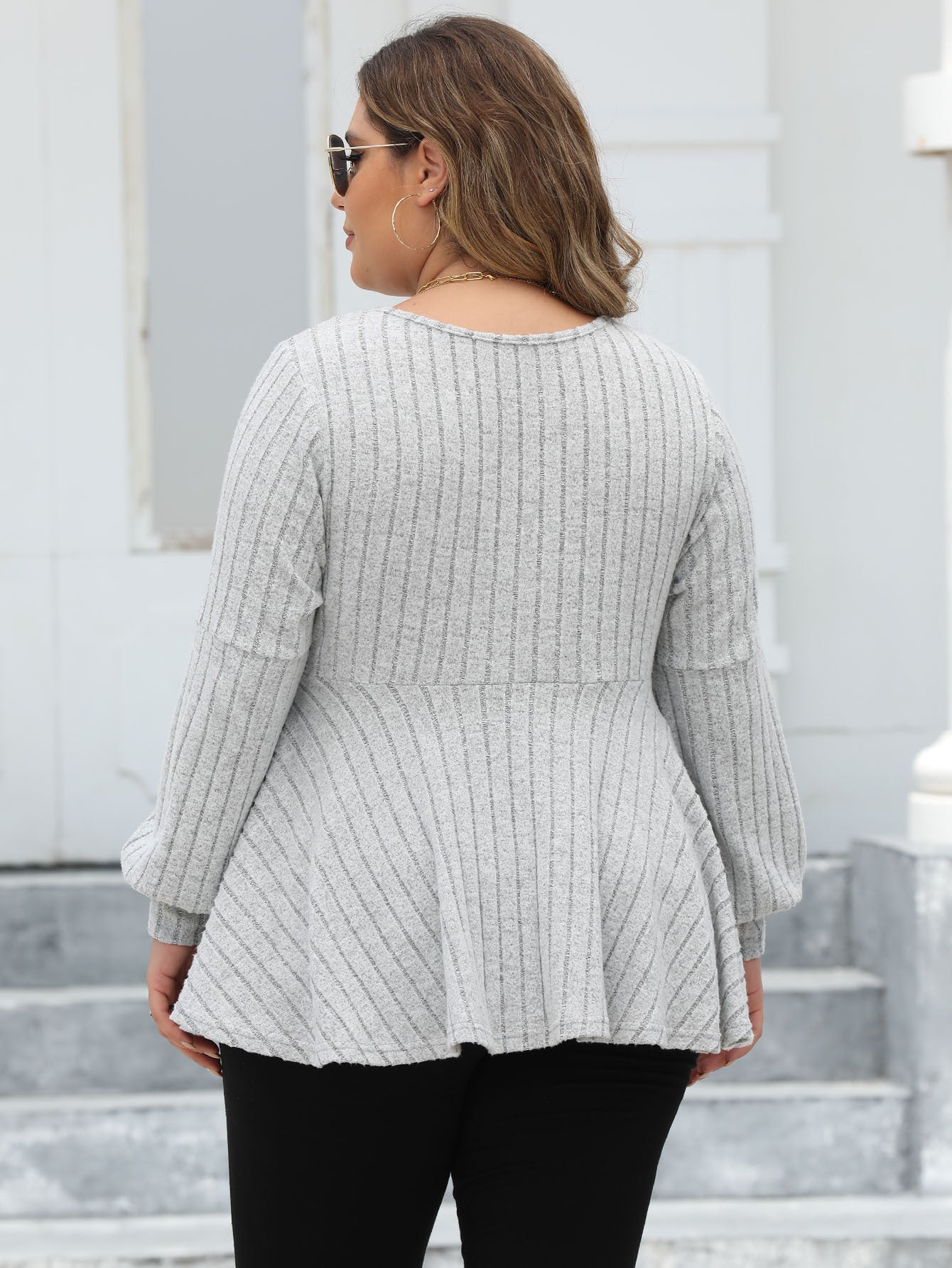 Women Tops plus Size Women Doll Shirt V neck Sunken Stripe Fleece Lantern Sleeve T shirt Gold Fastener Decoration Top