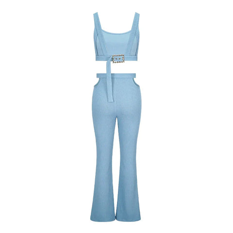 Oyster Bay Cutout Waist with Belt Wide Leg Flare Outfits Two Piece Set