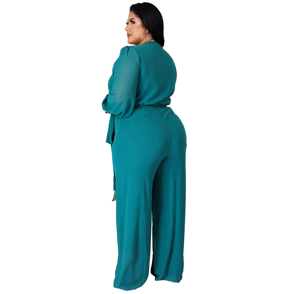 Plus Size Women Loose Straight Solid Color Belt Jumpsuit