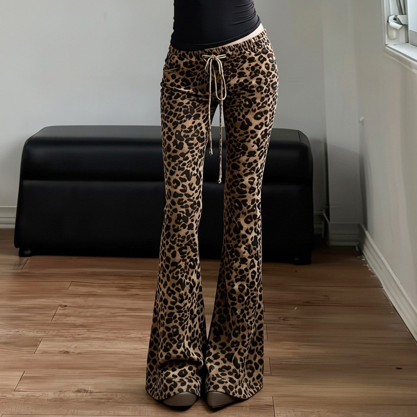 Sexy Leopard Print Drawstring Casual Pants Women Street Trendy Thin Looking Bootcut Pants