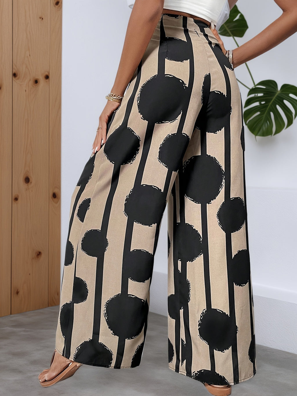 Women Summer Bohemian Printed Wide Leg Pants Loose High Waist Beach Trousers
