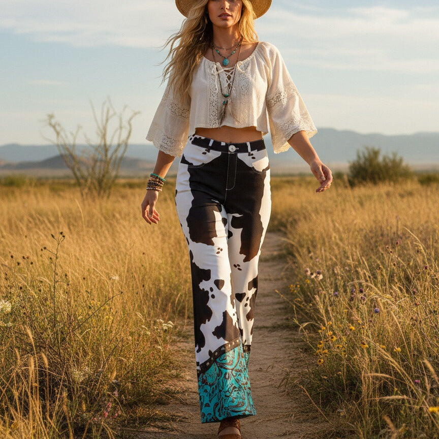 Autumn Imitation Denim Printing Straight Wide Leg High Waist Casual Trousers