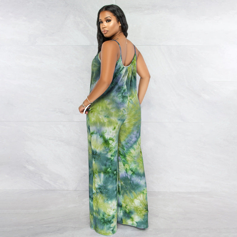 Plus Size New Tie-Dyed Printed Sling Casual Straight Stylish Loose Jumpsuit