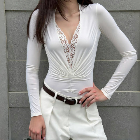 Ozone Park Sexy Lace V neck Long Sleeved Pleated Slim Top