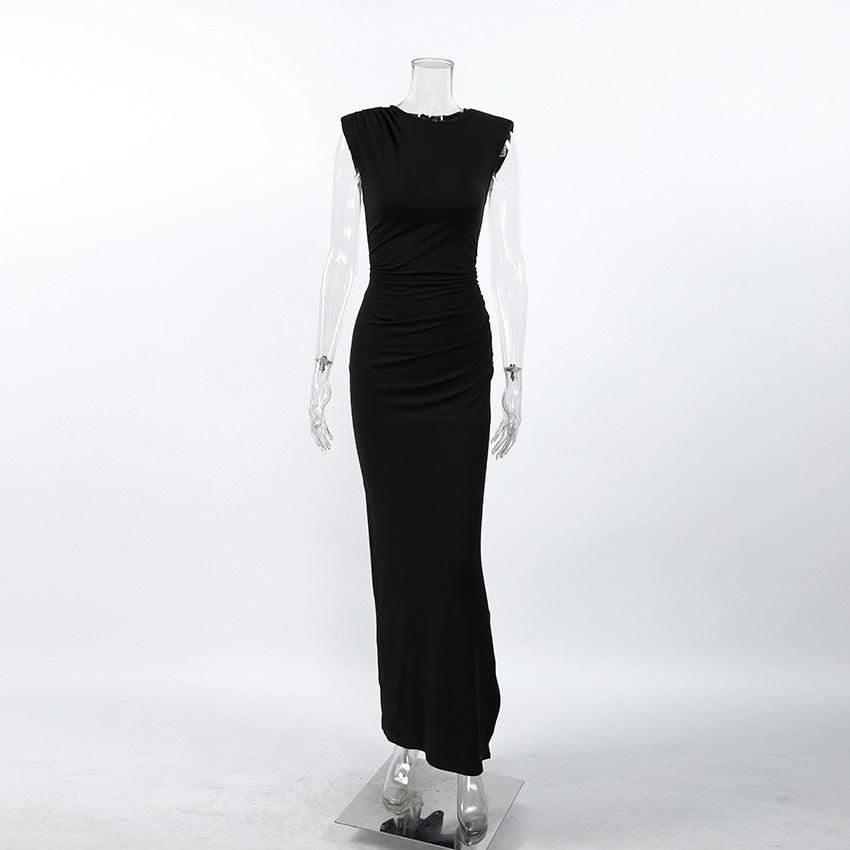 Los Alpes Wind Black Sleeveless Padded Shoulder Slim Fit Slit Sexy Dress