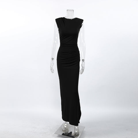 Los Alpes Wind Black Sleeveless Padded Shoulder Slim Fit Slit Sexy Dress