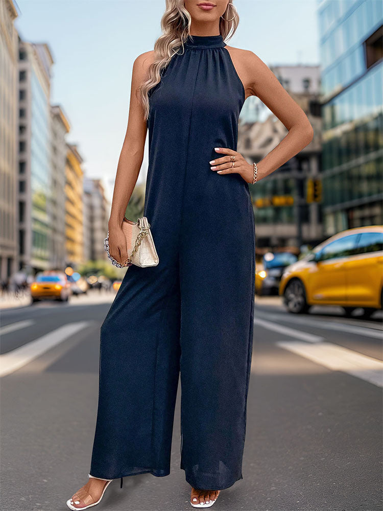 Summer Women Halter Solid Color Straight Jumpsuit