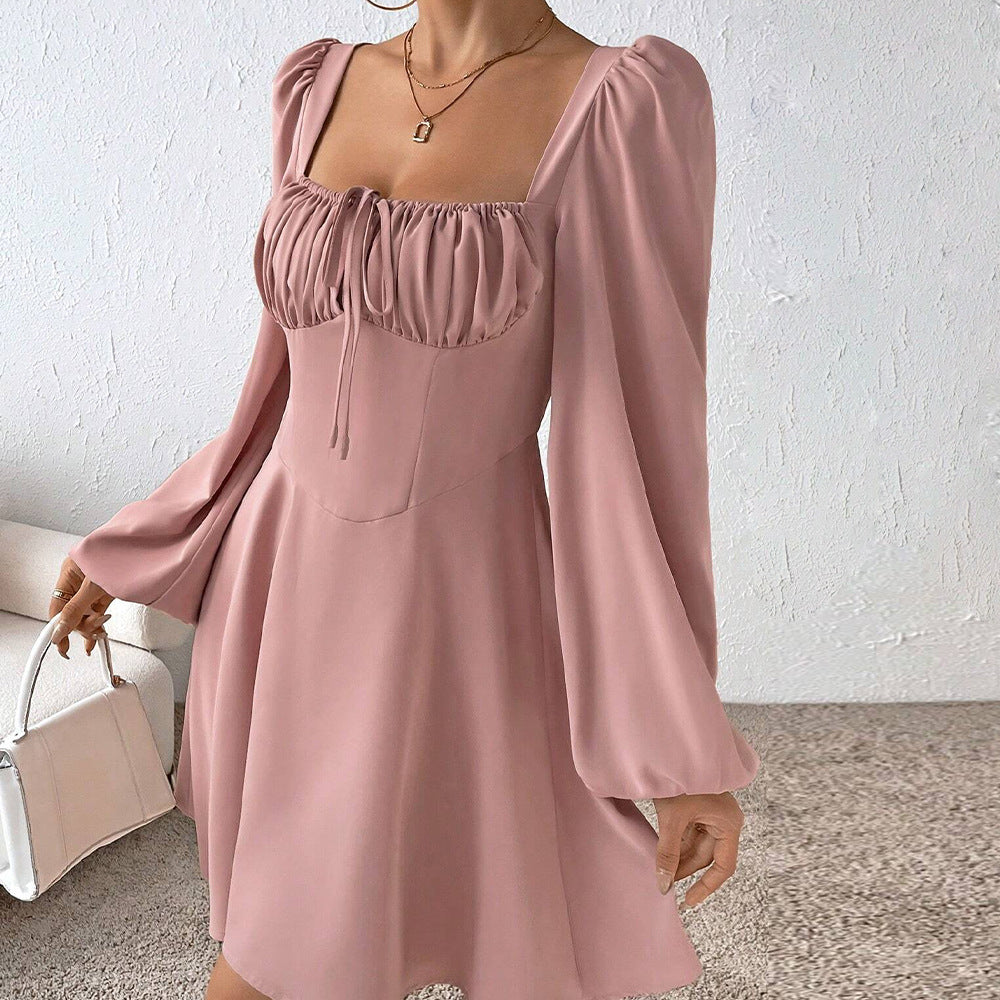 Palm Coast Waist Controlled Large Hem A line Puff Sleeve Square Collar Sweet Dress