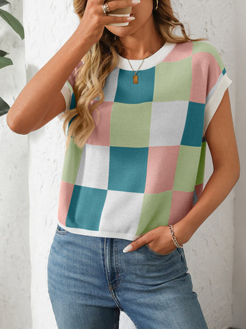 Summer Sleeve Block round Neck Plaid