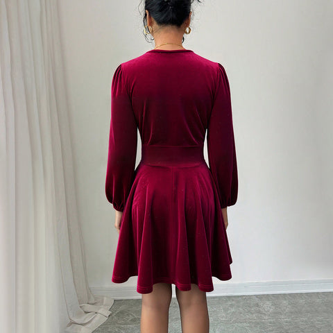 Ponce Retro Socialite Wine Red Velvet V neck Lantern Sleeve Slim Mini Dress