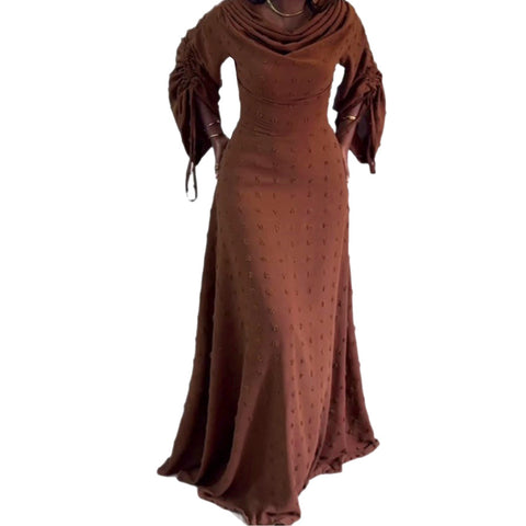 Mebane Elegant Pleated Sleeve Drawstring Three Dimensional Fur Ball Waist Dress