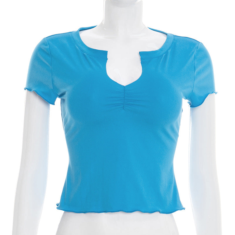 Women Solid  V neck Cropped Sleeved