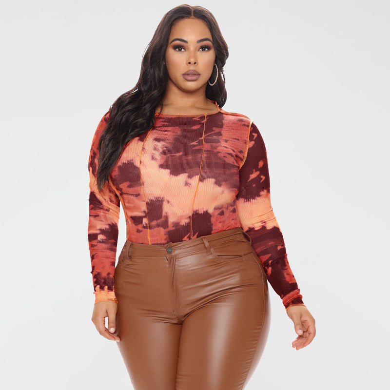 Plus Size Spring Women Clothing round Neck Print Long Sleeves Tight Breasted Jumpsuit
