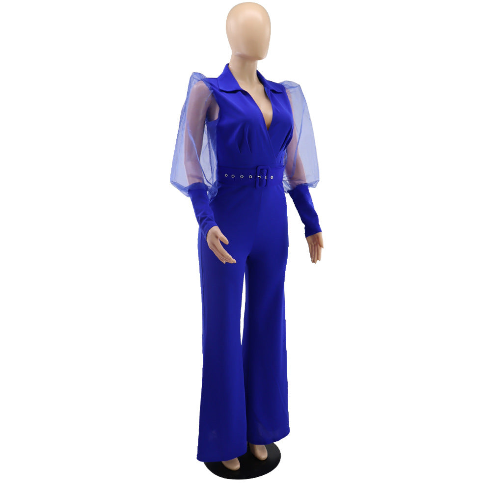 V-neck Mesh Puff Sleeve Special Women Clothing Loose Flared Jumpsuit