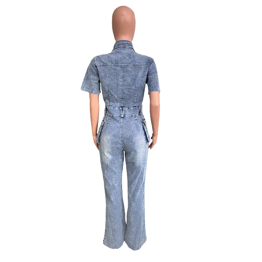 Waist Slim Elastic Fried Floral Wash Denim Jumpsuit Jumpsuit Bell Bottom Pants