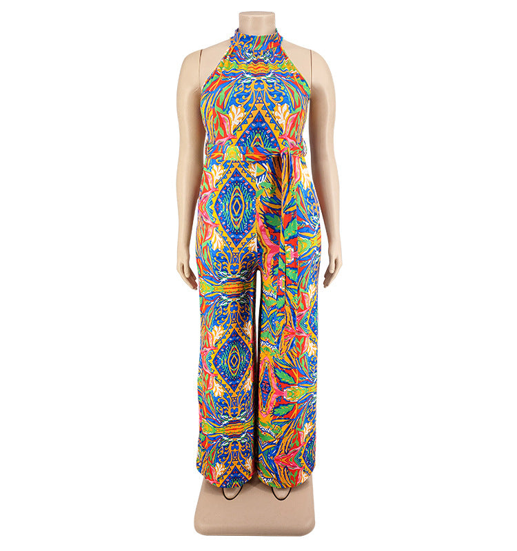 Plus Size Women Clothes Printing Collar Jumpsuit