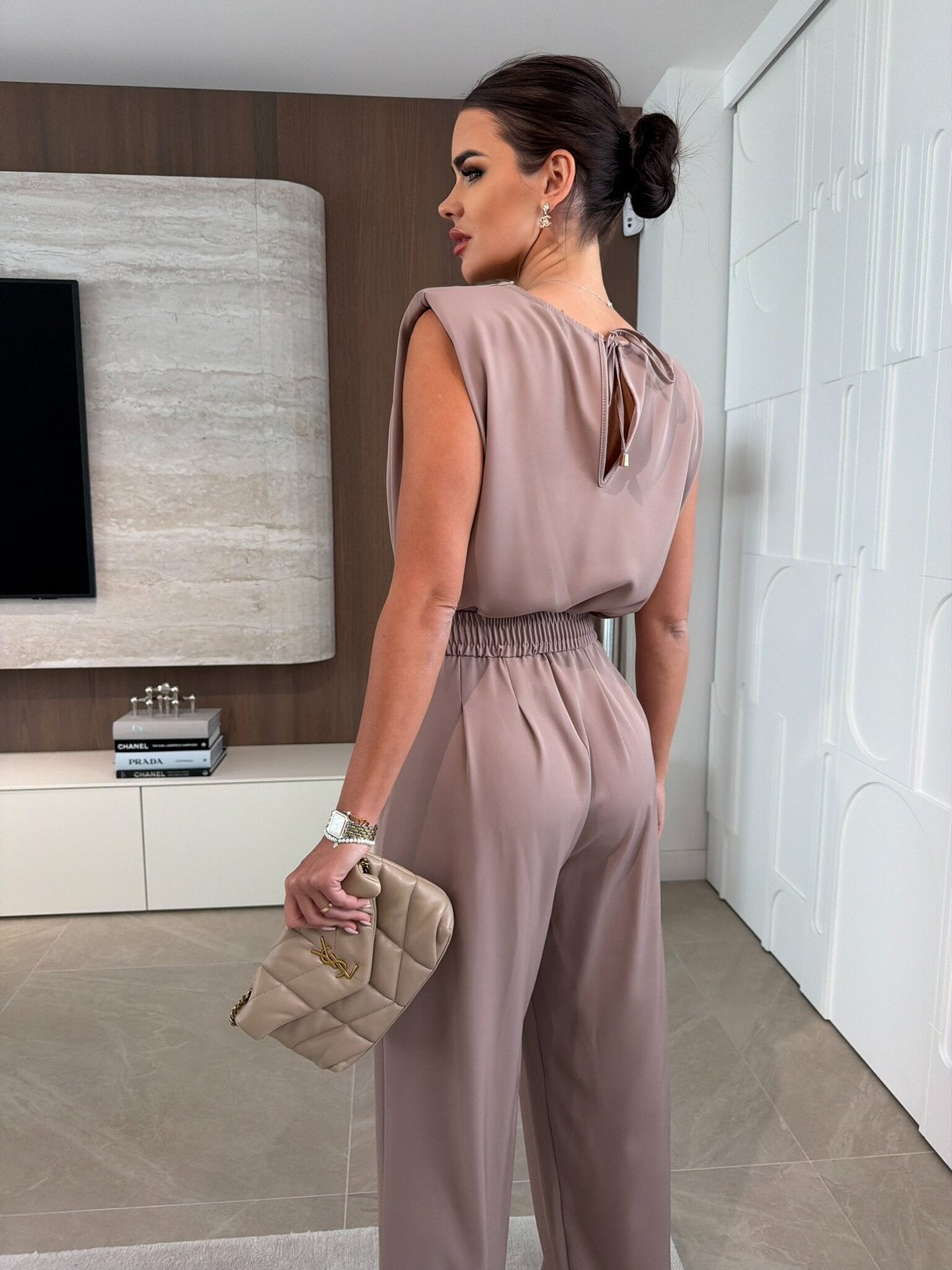 Summer Women Sleeveless Office Waist Wide Leg Jumpsuit