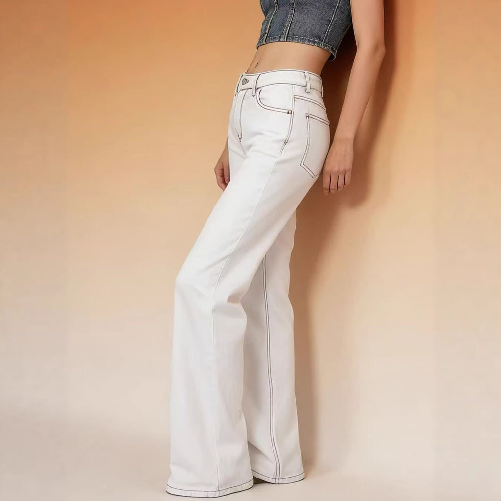 White Bow Strawberry Cute Patch Straight Low Waist Loose Fitting Women Jeans