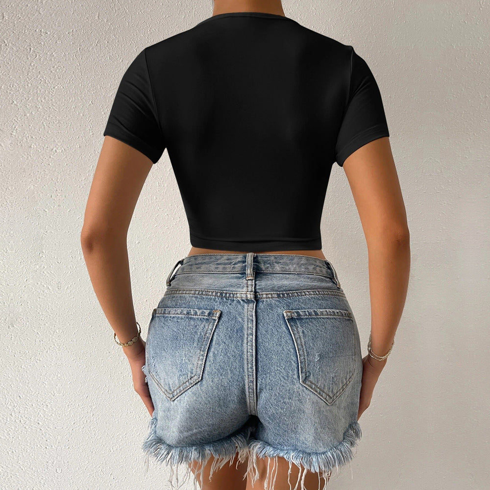 Summer Women V Neck Slim Fit  Sleeve Knitted Solid