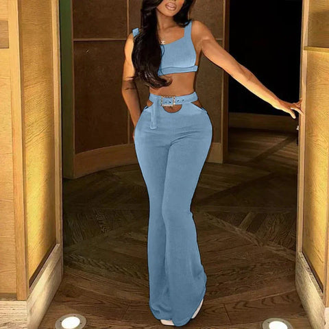 Oyster Bay Cutout Waist with Belt Wide Leg Flare Outfits Two Piece Set