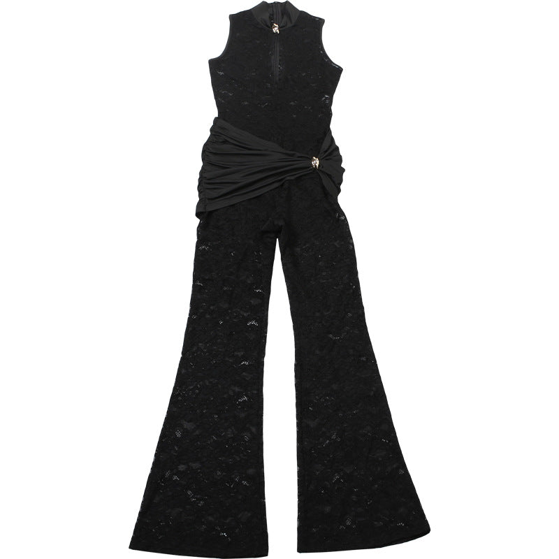 Autumn Winter Women Lace Stitching Sleeveless Sexy High Waist Slim Fit Micro Pull Jumpsuit