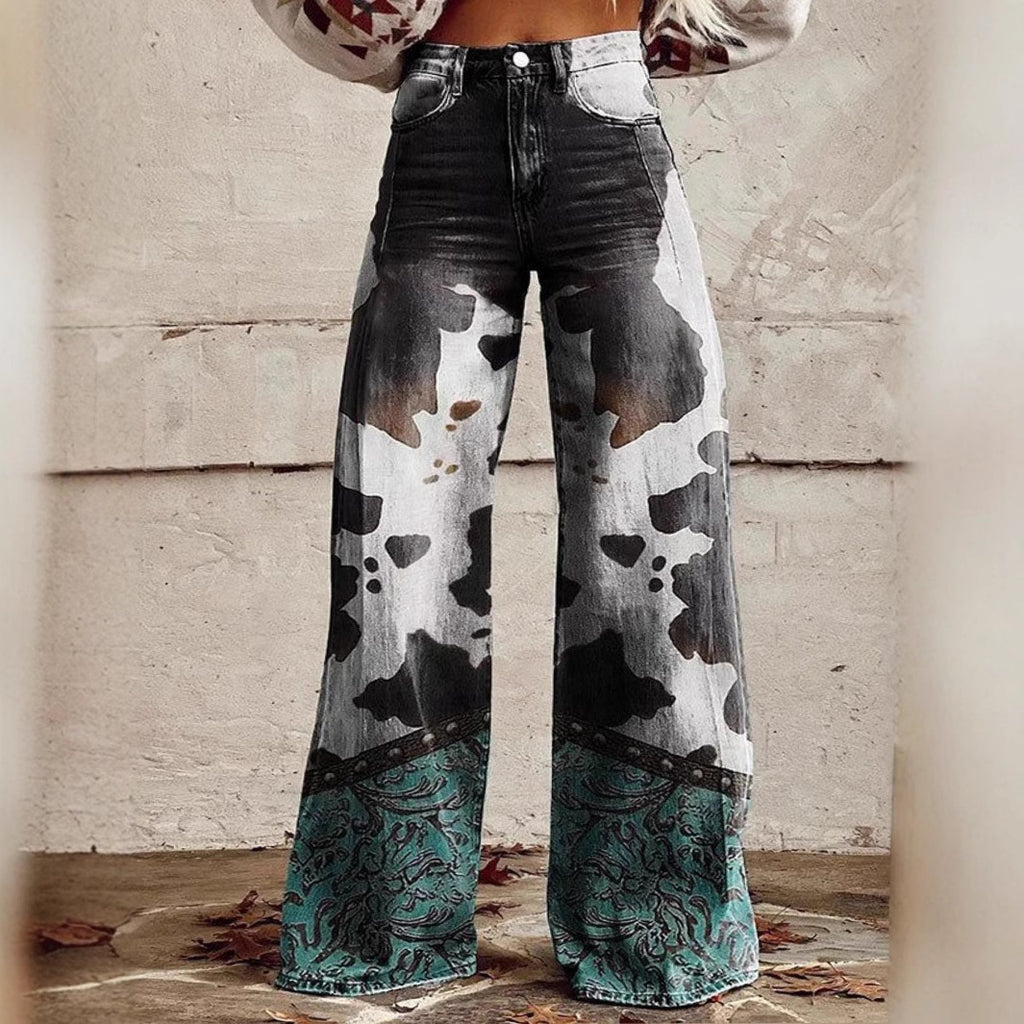 Autumn Imitation Denim Printing Straight Wide Leg High Waist Casual Trousers