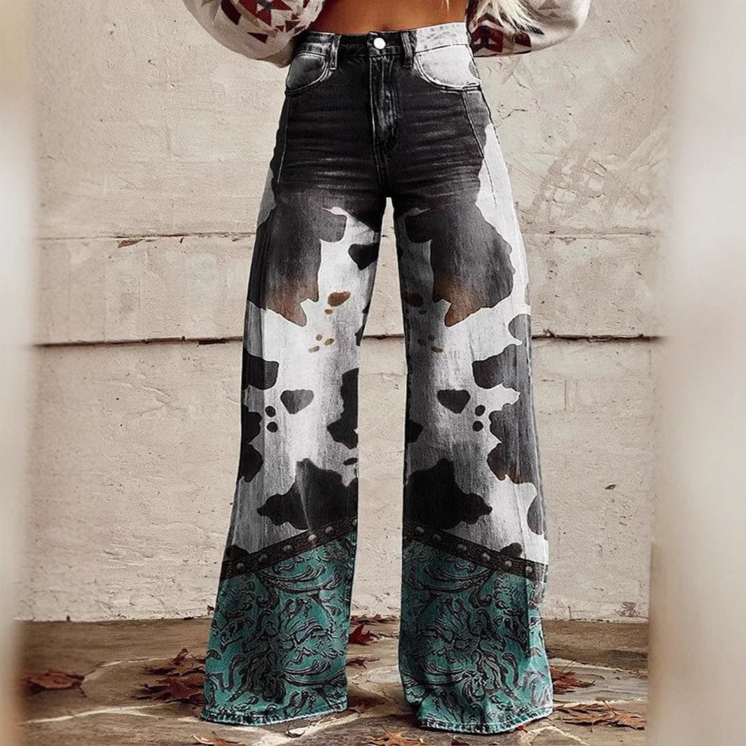 Autumn Imitation Denim Printing Straight Wide Leg High Waist Casual Trousers