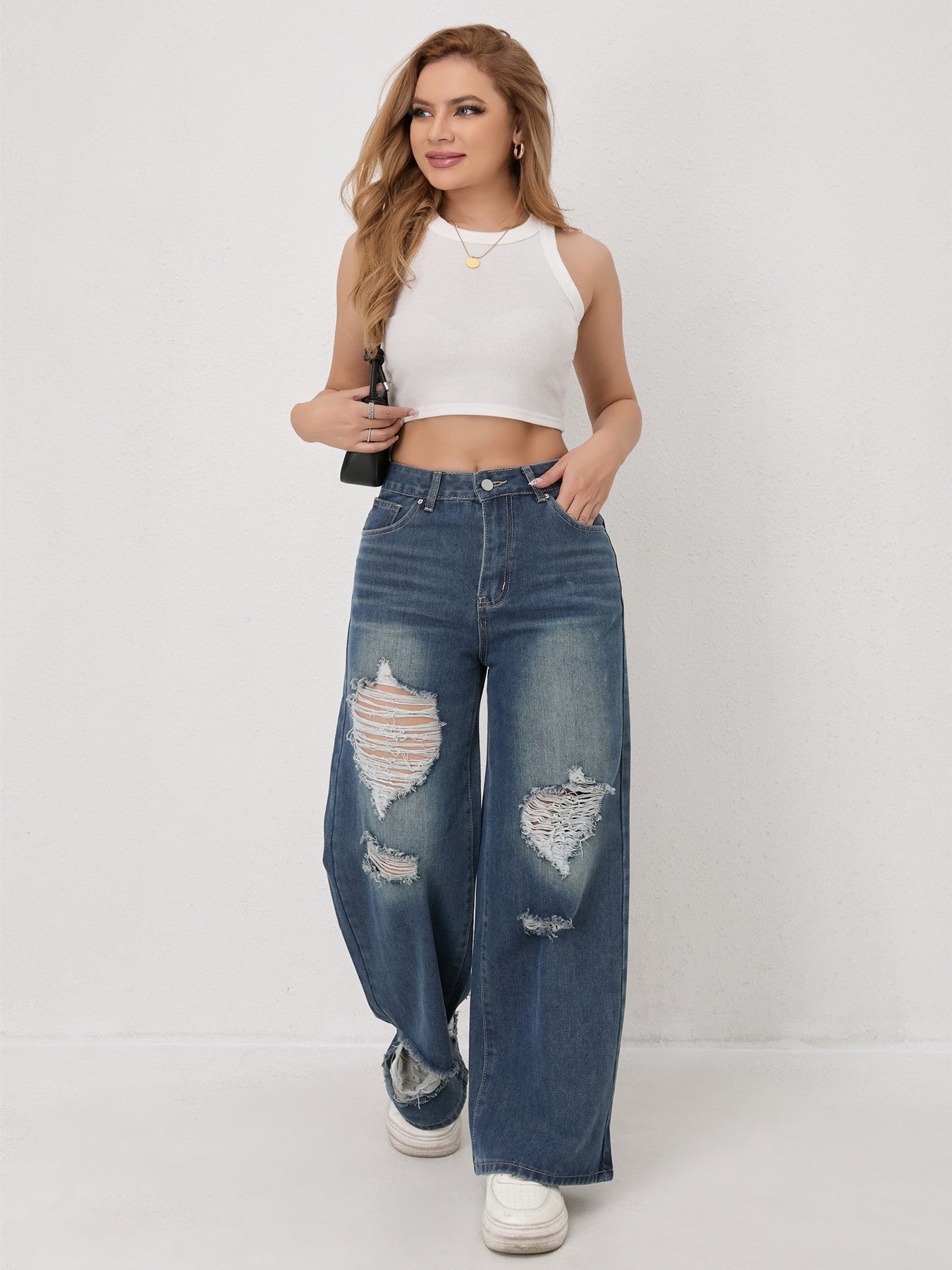 Distressed Worn Wide Leg Jeans Women Autumn High Waist Loose Wide Leg Jeans Women Slimming Pants Women Autumn