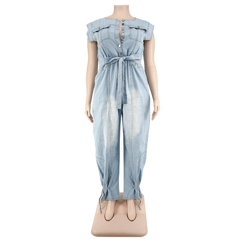 Plus Size Women Clothing Autumn New Denim Sleeve Wash Jumpsuit Trousers Sexy New