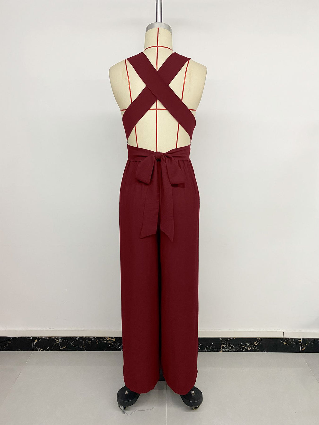 Women Clothing Elegant Cross Backless Lace up Sleeveless Long Wide Leg Jumpsuit