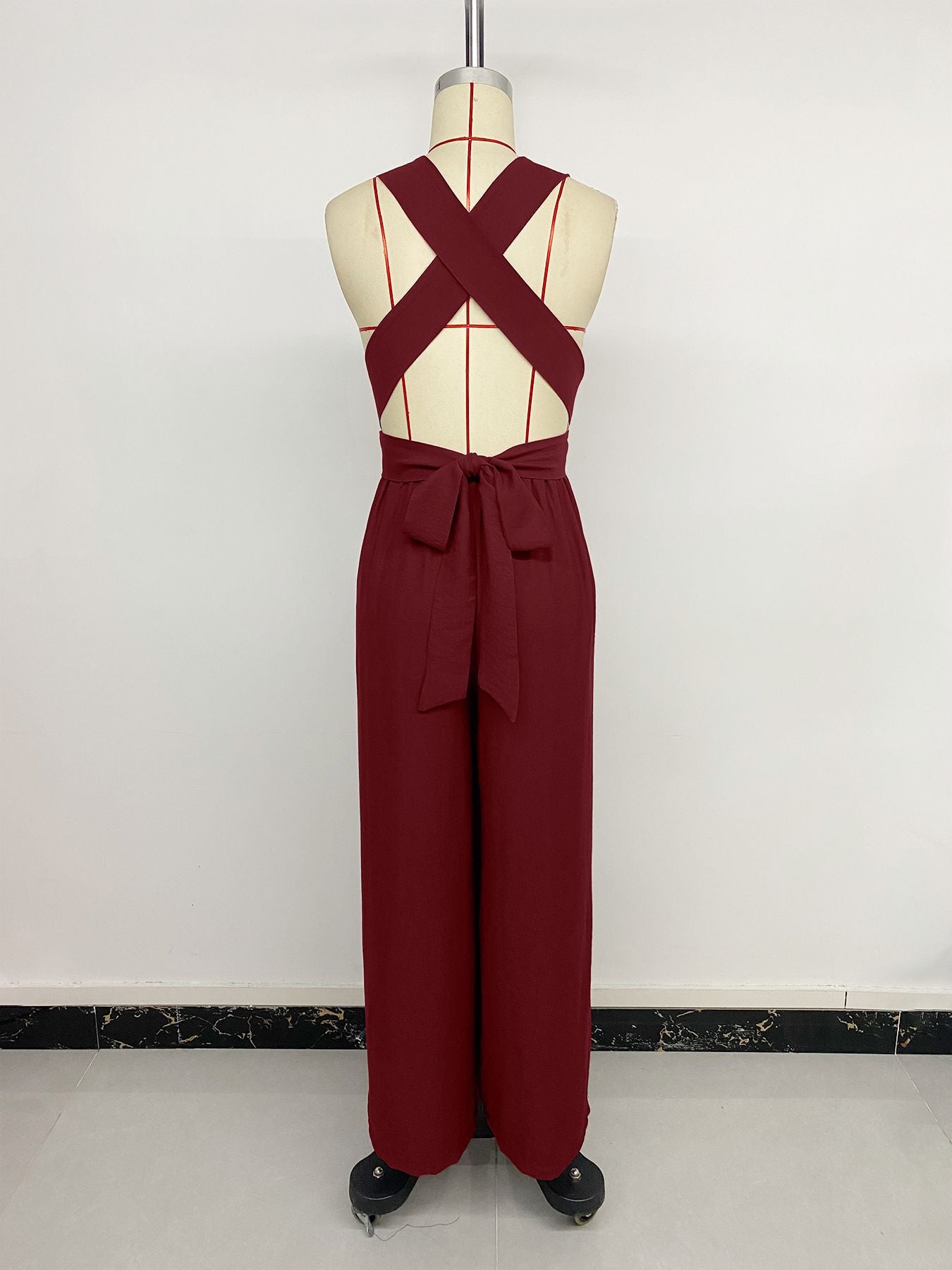 Women Clothing Elegant Cross Backless Lace up Sleeveless Long Wide Leg Jumpsuit