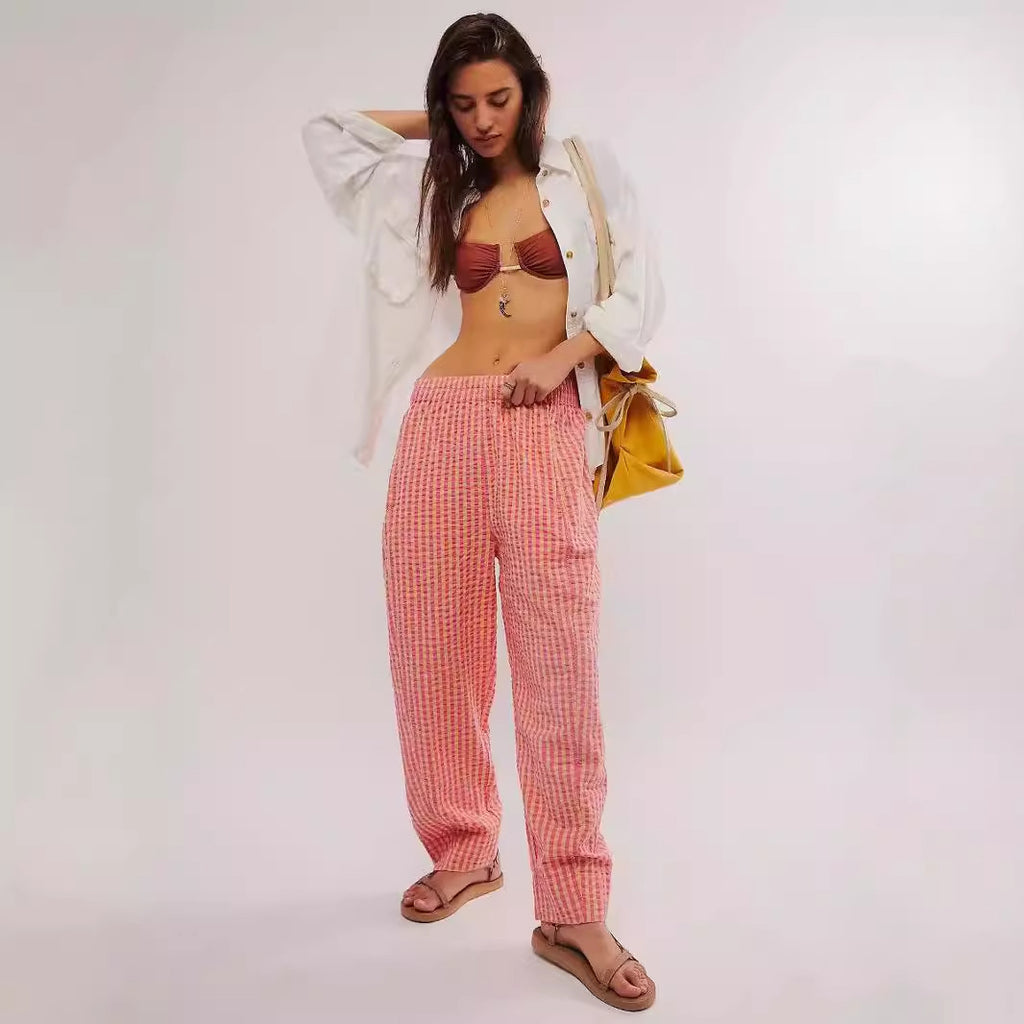Plaid Straight Leg Pants Summer Women Thin High Waist Drooping Casual Walking Pants