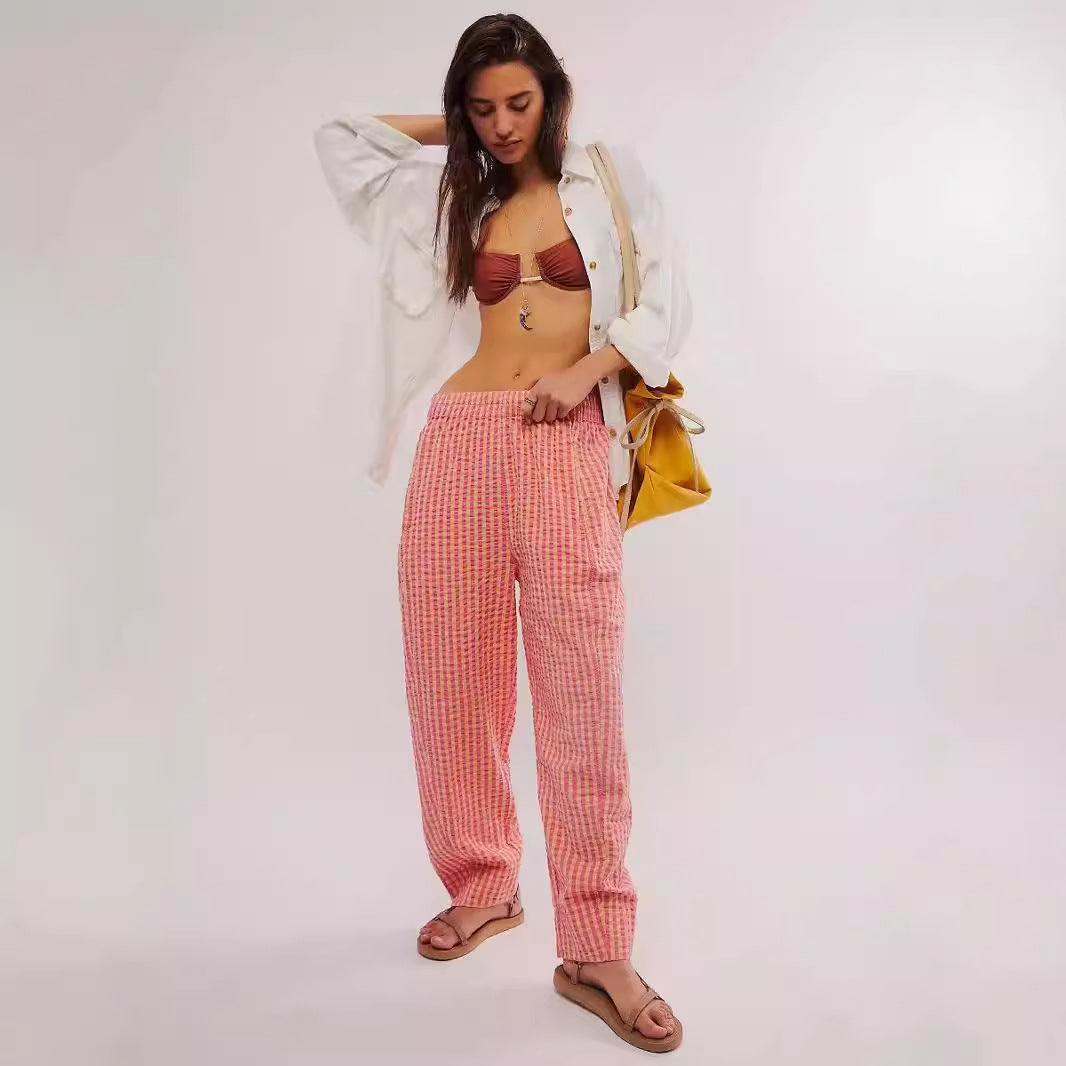 Plaid Straight Leg Pants Summer Women Thin High Waist Drooping Casual Walking Pants