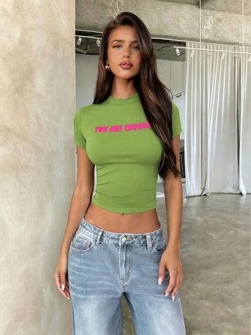 Letter Print Sleeve Slim Fit Cropped