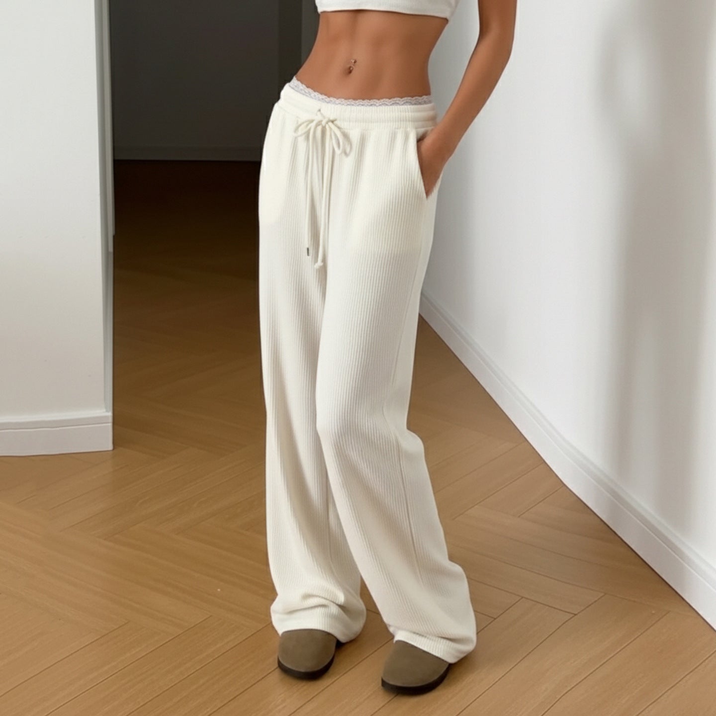 Casual Loose Fitting Wide Leg Trousers Corduroy Lace Straight Leg Pants Women Autumn Winter Slimming High Waist Solid Color Trousers