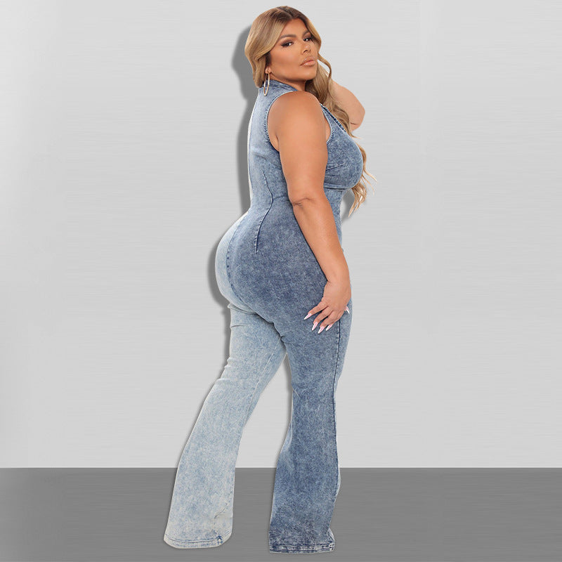 Plus Size Women Clothing Autumn New Color Matching Wash Sexy Denim Jumpsuit
