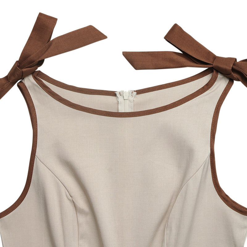 Casual Simple Linen like Contrast Color Shoulder Strap Wide Leg Jumpsuit