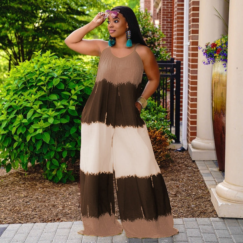 Plus Size New Patchwork Printed Suspenders Fashion Casual Long Women Clothes Jumpsuit