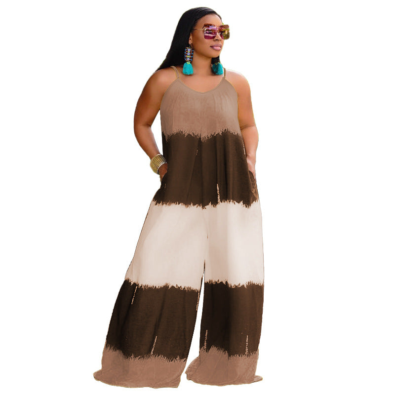 Plus Size New Patchwork Printed Suspenders Fashion Casual Long Women Clothes Jumpsuit