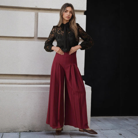 Solid Color High Waist Ruched Waist Slimming Design Waist Pantskirt Flab Hiding Modified Leg Wide Leg Pants