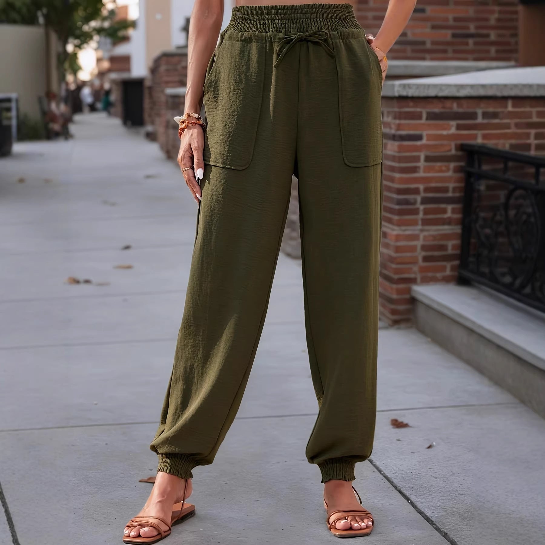 High Waist Loose Harem Casual with Big Pockets Women Pants Smocking Elastic Waist Wide Leg Pants