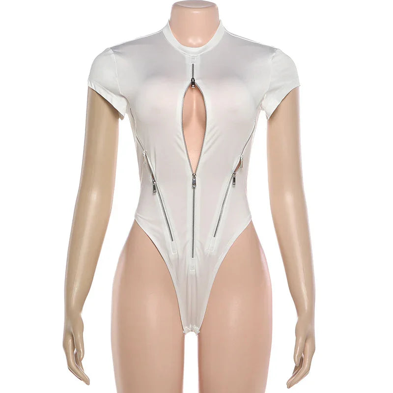 Ossining Zipper Sexy Cutout Sexy Solid Color Tight Short Sleeve Top