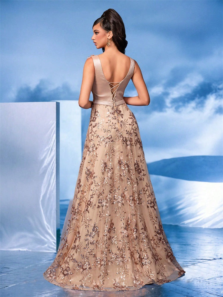 Nevada Deep V Plunge Embroidered Slim Fit Fishtail Bridesmaid Cocktail Dress