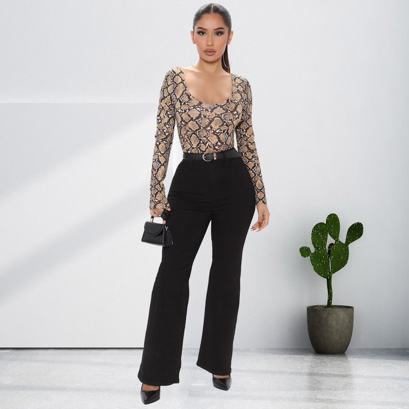 Plus Size Autumn Women Clothes Leopard Print Sexy Long Sleeve Jumpsuit