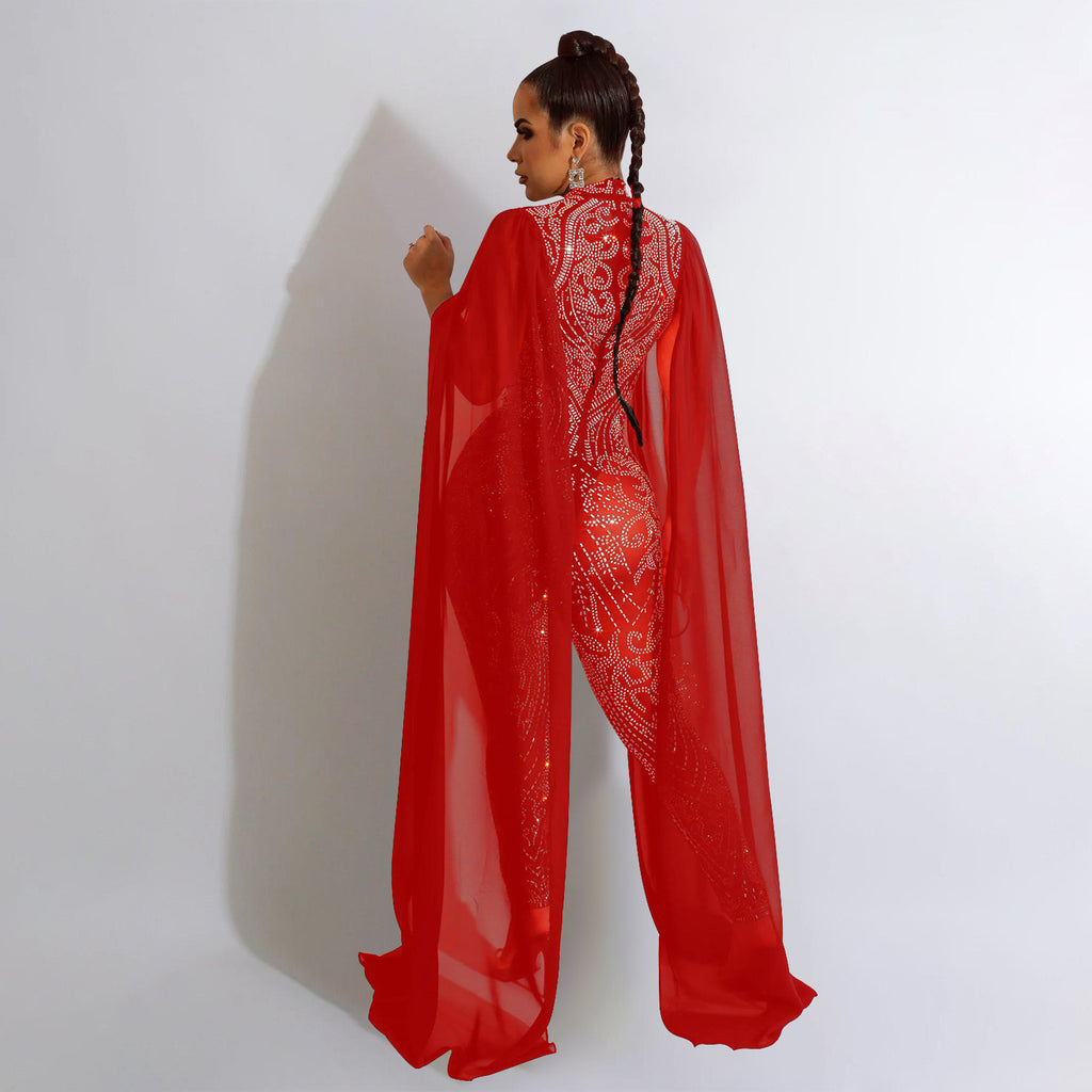 Autumn Winter Women Clothing Sexy Mesh Rhinestone See through Nightclub Jumpsuit Women