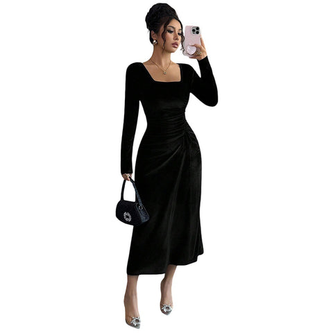 Black Velvet Retro Square Collar Side Waist Pleated Slim Fit Inner Wear Dress