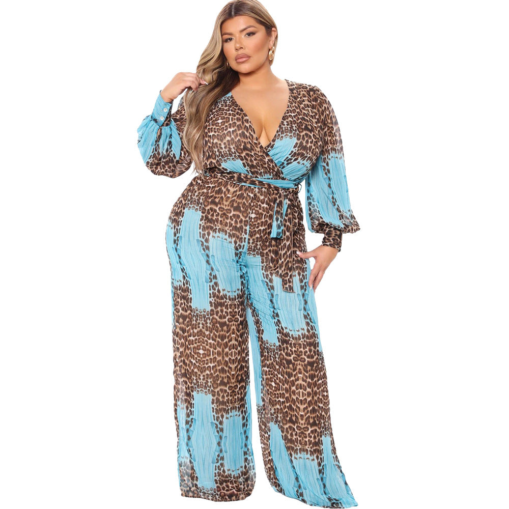 Plus Size Plus Size V neck Chiffon Jumpsuit Leopard Print Fashion Sexy Long with Belt