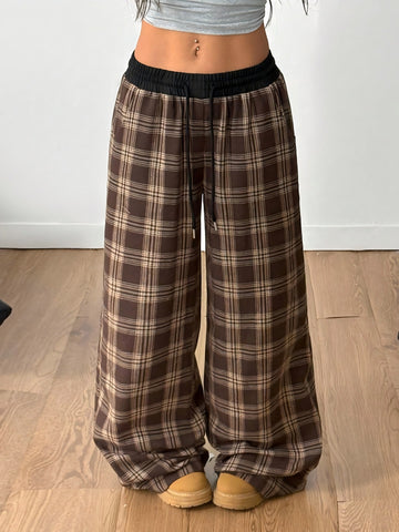 Autumn Winter Retro Loose Plaid Mid Waist Lace up Casual Wide Leg Pants