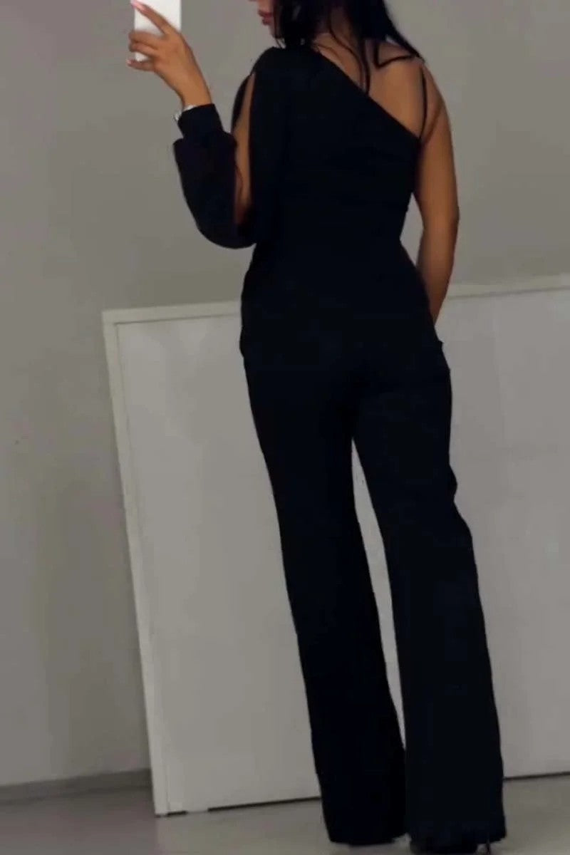 New Fall Winter Sexy Oblique Shoulder High Slit Women Jumpsuit